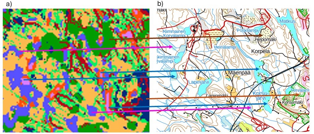 Two maps: (a) Cluster map and (b) Topographical map from a small subarea of the study area.
