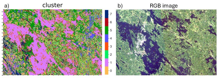 Two maps: (a) Cluster map showing SOM and k-means clustering results; (b) RGB image of the study area for visual reference.